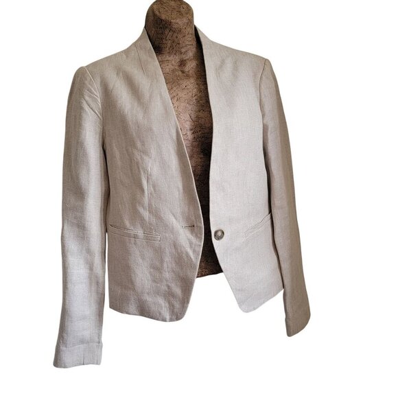 Women's Loft Beige Linen Single-Button Blazer with Pockets Classic Style - Picture 2 of 14